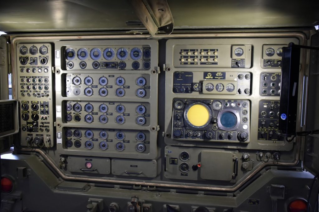 Complex control panel with many buttons and screens